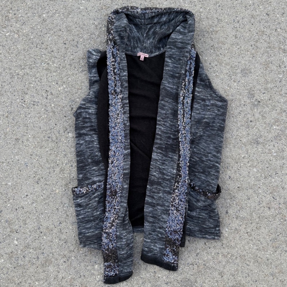 Y2K Juicy Couture Sequin Trim Space Dye Hooded Vest Cardigan Grey Women Small